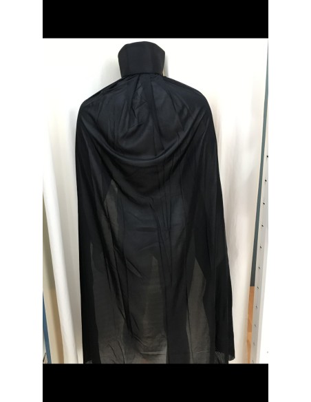 Mantello nero lungo con colletto 140cm su manichino per costumi Halloween e feste in maschera
