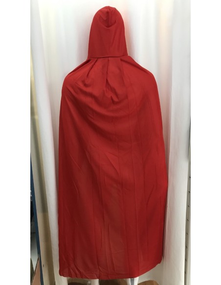 Mantello rosso con cappuccio lungo 140cm indossato su manichino per costumi medievali fantasy