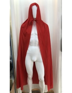 Mantello rosso con cappuccio lungo 140cm indossato su manichino per costumi medievali fantasy