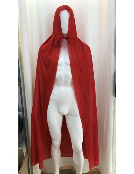 Mantello rosso con cappuccio lungo 140cm indossato su manichino per costumi medievali fantasy