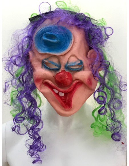 Maschera clown horror in lattice con capelli viola verdi e dettagli spaventosi per Halloween