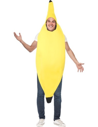 Costume banana giallo divertente per feste e carnevale con forma realistica del frutto