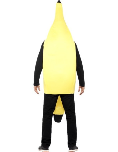 Costume banana giallo divertente per feste e carnevale con forma realistica del frutto