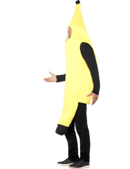 Costume banana giallo divertente per feste e carnevale con forma realistica del frutto