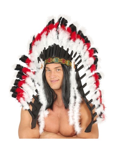 Copricapo indiano con piume bianche rosse e nere per costume carnevale halloween