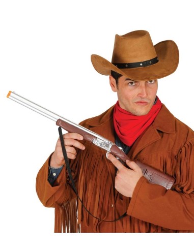 Fucile western argentato impugnato da cowboy con cappello e foulard rosso per costume Far West