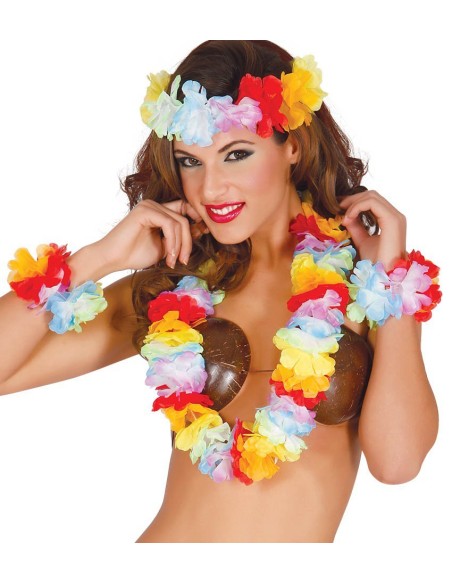 Set hawaiano multicolore con collana fiori, bracciali e fascia capelli per festa tropicale