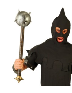 Mazza medievale con testa chiodata metallica e manico in legno per costumi storici e rievocazioni