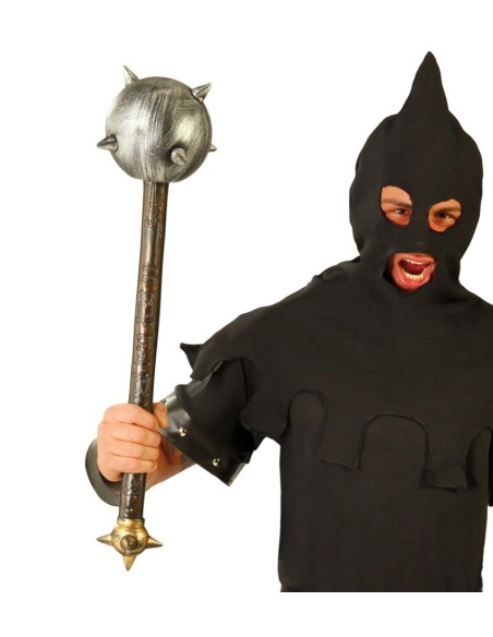 Mazza medievale con testa chiodata metallica e manico in legno per costumi storici e rievocazioni