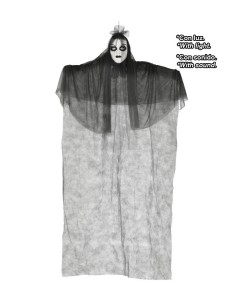 Vampiressa decorazione da appendere grigia con effetti luminosi e sonori per Halloween horror