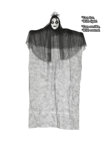 Vampiressa decorazione da appendere grigia con effetti luminosi e sonori per Halloween horror