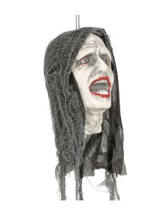 Testa zombie decorativa con capelli lunghi scuri e illuminazione LED per Halloween horror