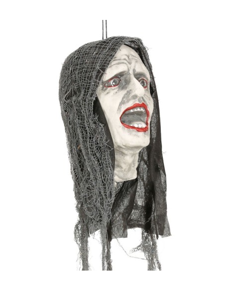 Testa zombie decorativa con capelli lunghi scuri e illuminazione LED per Halloween horror