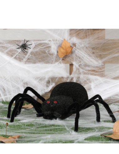 Ragno decorativo nero gigante 30cm con zampe articolate e occhi rossi per Halloween horror