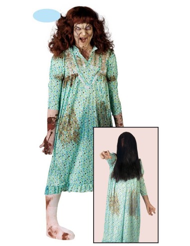 Costume Esorcista donna con vestito celeste macchiato e parrucca castana per Halloween horror