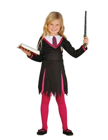Costume studentessa di magia bambina con vestito nero, cravatta rossa e bacchetta magica per Halloween