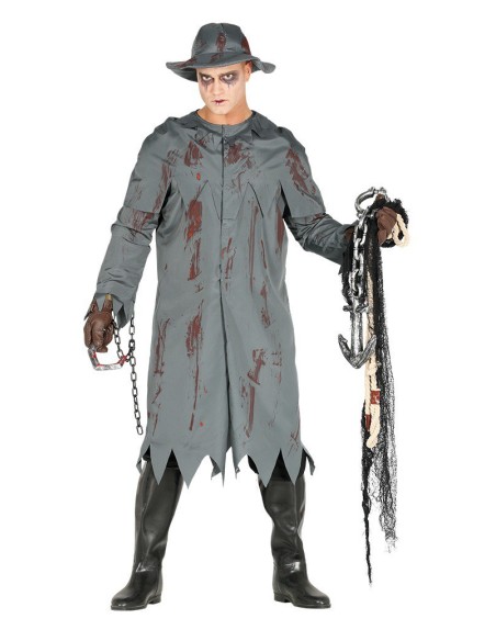 Costume da killer grigio con macchie di sangue, catene e cappello per Halloween horror