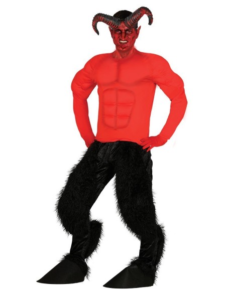 Costume diavolo Azazel rosso e nero con corna, maglia muscolare e pantaloni pelosi per Halloween