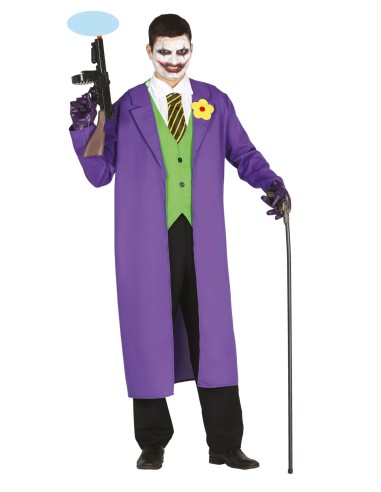 Costume Joker con giacca viola lunga, panciotto verde e cravatta gialla per feste a tema supereroi