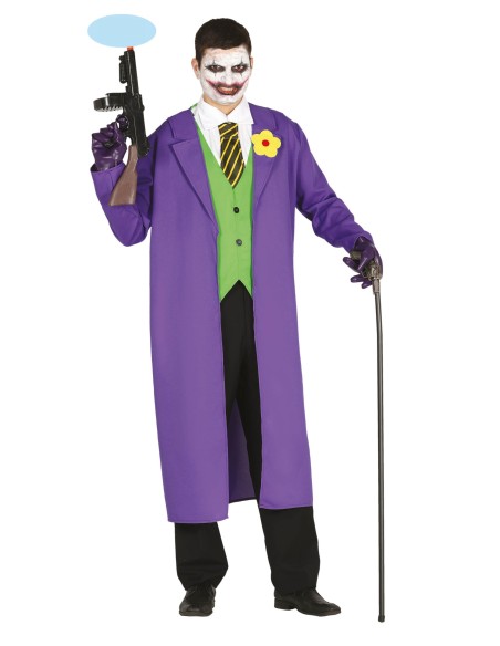 Costume Joker con giacca viola lunga, panciotto verde e cravatta gialla per feste a tema supereroi