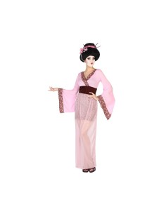 Costume da geisha rosa con kimono tradizionale e obi scuro per feste orientali