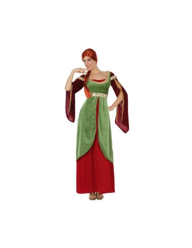 Costume dama medievale verde con mantello bordeaux e cintura dorata per donna