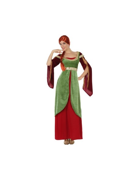 Costume dama medievale verde con mantello bordeaux e cintura dorata per donna