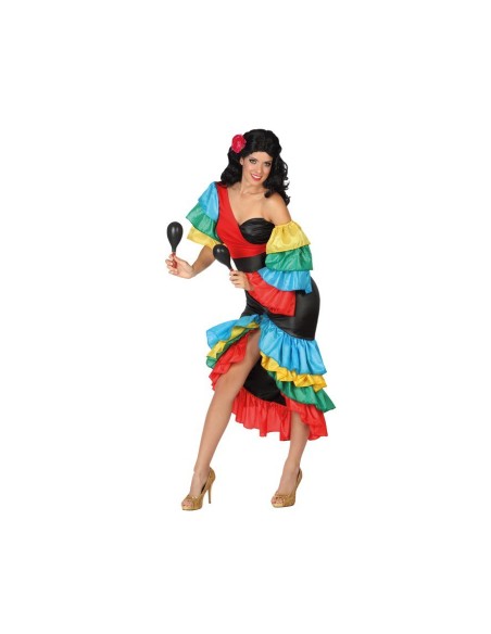 Costume ballerina rumba donna con vestito multicolore a volant rosso verde giallo blu per carnevale