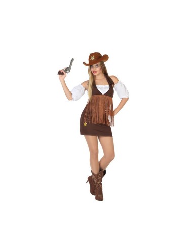 Costume da cow girl marrone con frange, cappello western, camicia bianca e gonna corta per feste a tema