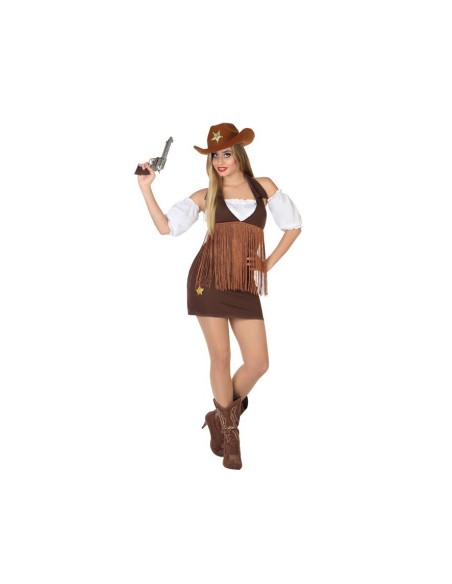 Costume da cow girl marrone con frange, cappello western, camicia bianca e gonna corta per feste a tema
