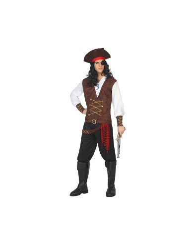 Costume da pirata uomo completo con gilet marrone, camicia bianca, cappello nero e stivali per Carnevale