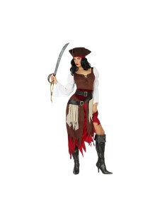 Costume pirata donna con corsetto bordeaux gonna rossa cappello e spada per feste a tema