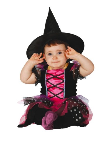 Neonata in costume da streghetta con tutina rosa e nera, gonna stellata e cappello da strega nero a punta