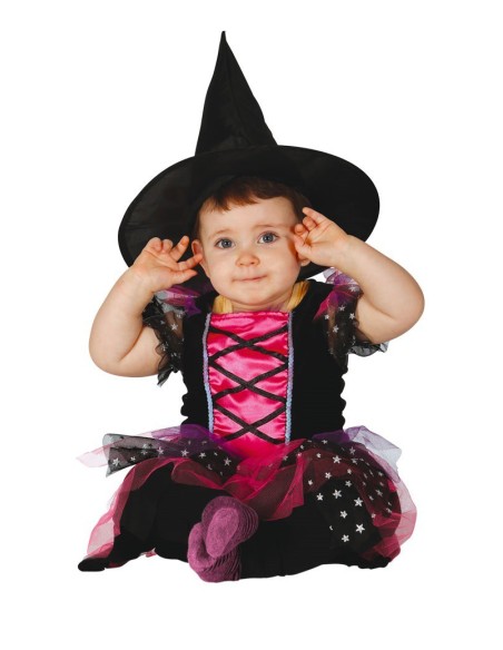 Neonata in costume da streghetta con tutina rosa e nera, gonna stellata e cappello da strega nero a punta