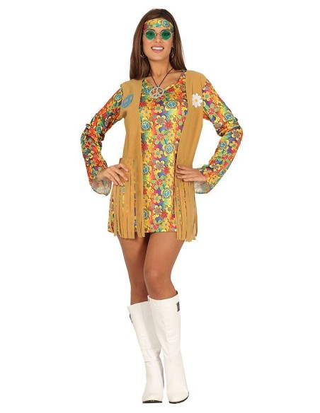 Costume hippie donna multicolore anni 70 con gilet frange e vestito stampa psichedelica