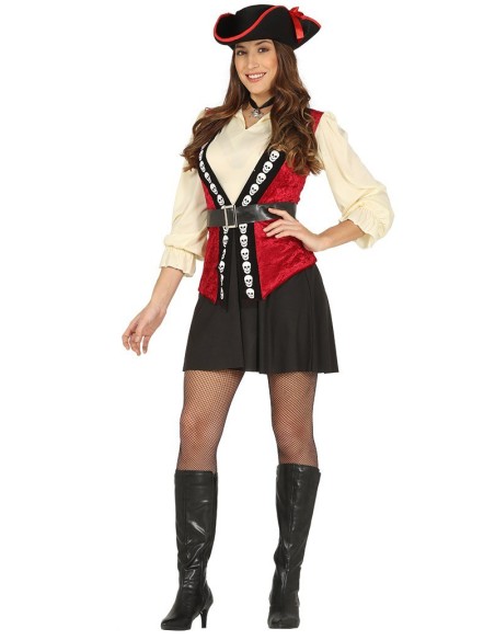Costume pirata donna con corpetto rosso, gonna nera, camicia crema e cappello tricorno