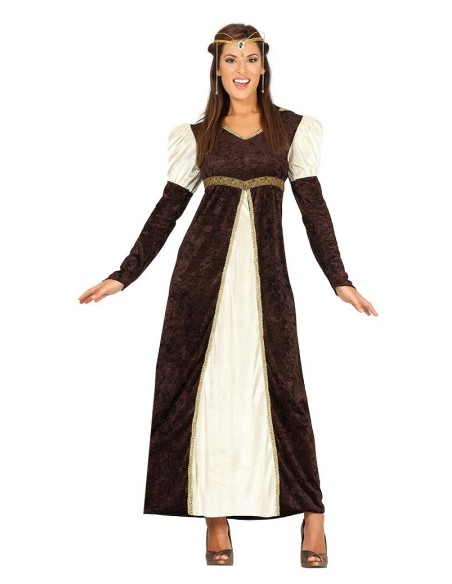 Costume principessa medievale donna abito lungo marrone panna cintura dorata maniche ampie