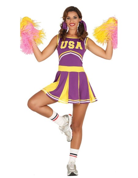 Costume cheerleader viola e giallo con top USA, gonna plissettata e pom pom colorati per donna