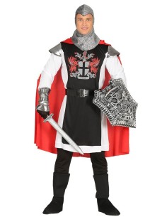 Costume cavaliere medievale nero rosso con mantello stemma araldico cintura accessori per carnevale uomo