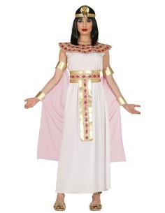 Costume regina egiziana donna con vestito bianco lungo mantello rosa corona dorata bracciali