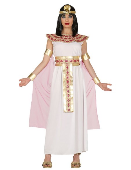 Costume regina egiziana donna con vestito bianco lungo mantello rosa corona dorata bracciali