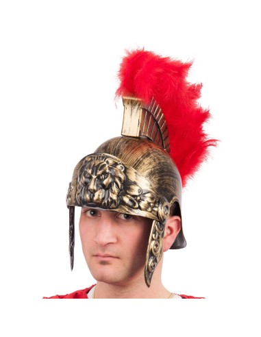 Elmo romano dorato con cimiero di piume rosse e decorazioni elaborate per costume da gladiatore