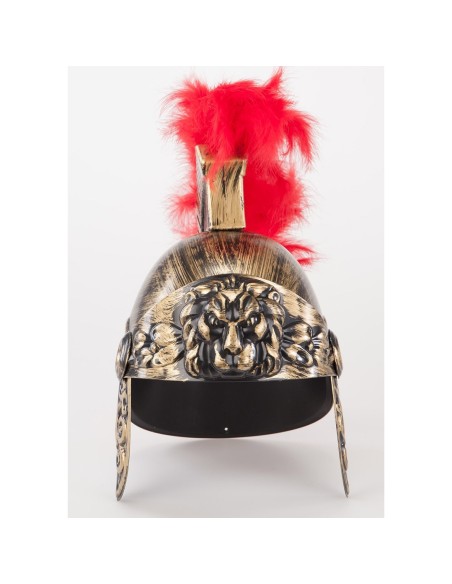 Elmo romano dorato con cimiero di piume rosse e decorazioni elaborate per costume da gladiatore