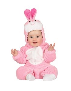 Costume coniglietto rosa con cappuccio orecchie lunghe per neonato seduto che sorride