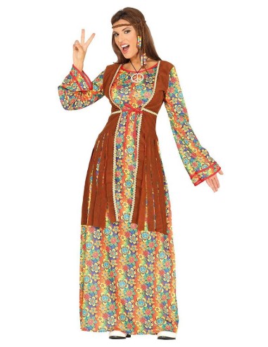 Costume hippie donna lungo anni 70 con abito floreale multicolore e corpetto marrone per feste a tema