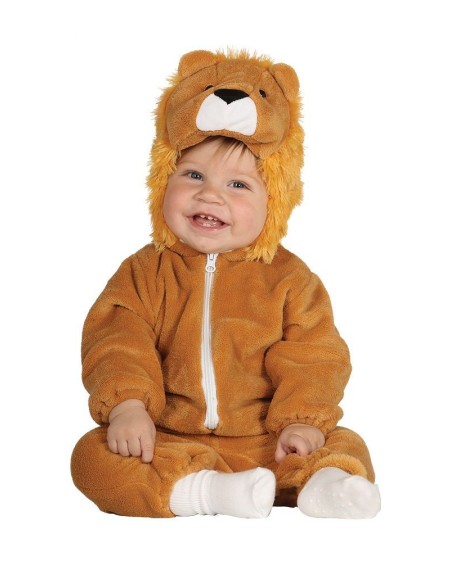 Costume leone neonato 6-12 mesi con tuta marrone e cappuccio criniera per Halloween