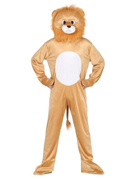 Costume leone marrone con tuta intera, criniera e maschera per feste Halloween e Carnevale