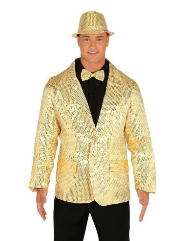 Giacca dorata con paillettes scintillanti e cappello coordinato per feste glamour