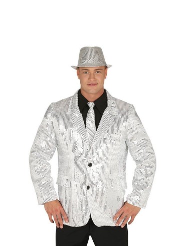 Giacca uomo argentata con paillettes lucide e cappello coordinato per feste disco