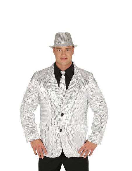 Giacca uomo argentata con paillettes lucide e cappello coordinato per feste disco
